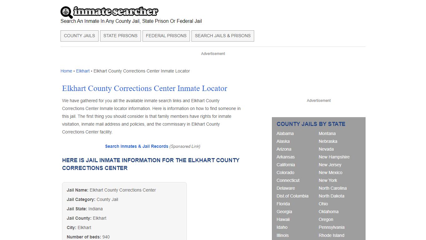 Elkhart County Corrections Center Inmate Locator - Inmate Searcher